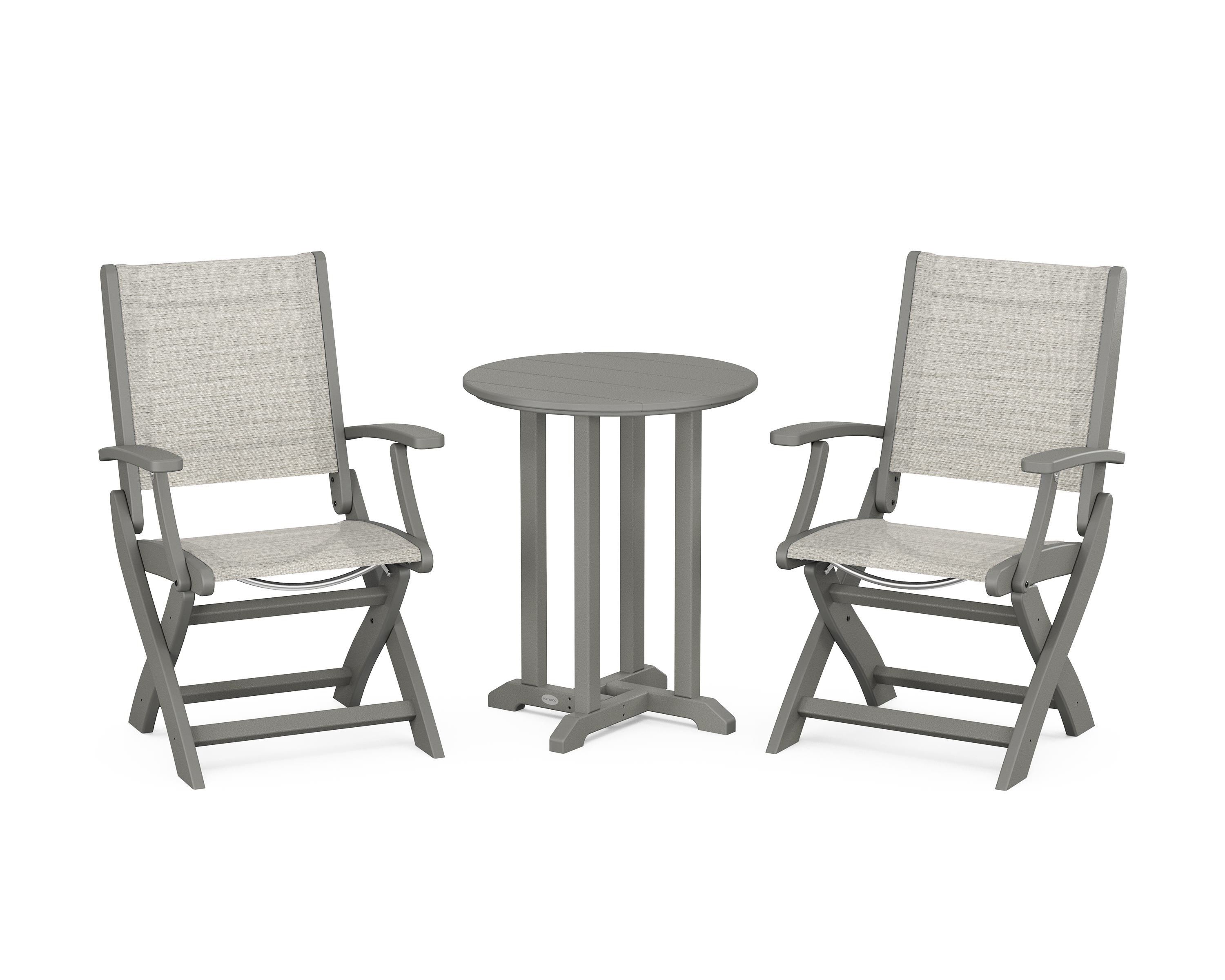 POLYWOOD® Coastal Folding 3-Piece Round Bistro Dining Set in Slate Grey / Birch Sling
