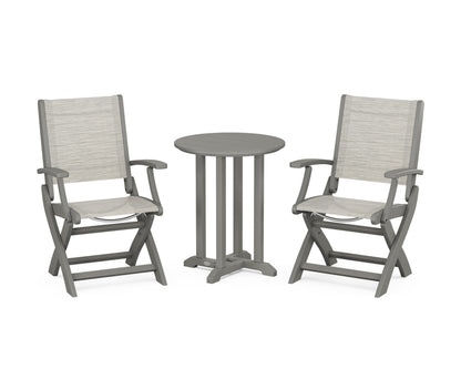 POLYWOOD® Coastal Folding 3-Piece Round Bistro Dining Set in Slate Grey / Birch Sling