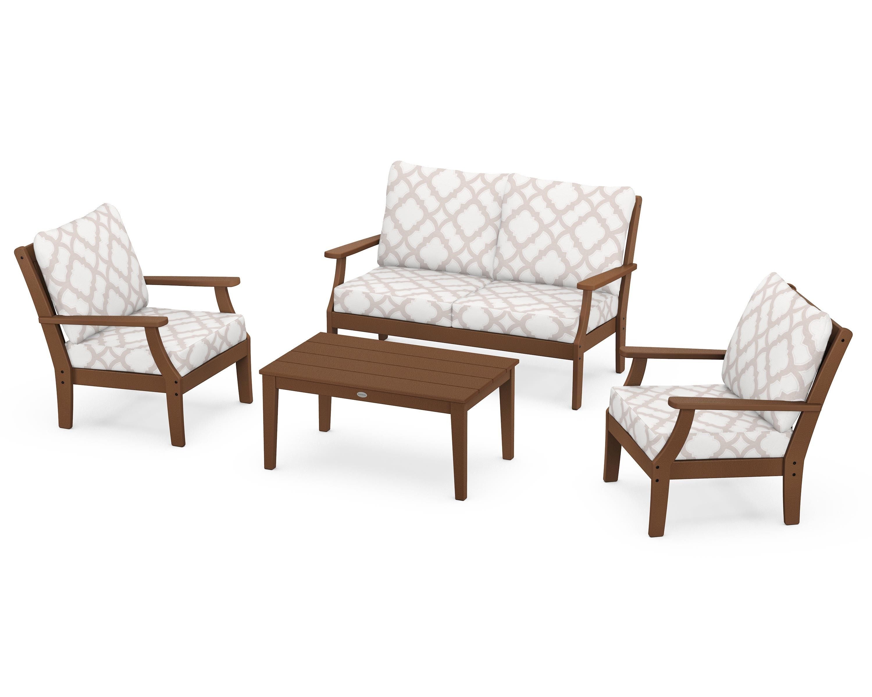 POLYWOOD® Braxton 4-Piece Deep Seating Chair Set in Teak / Trellis Dune Burlap