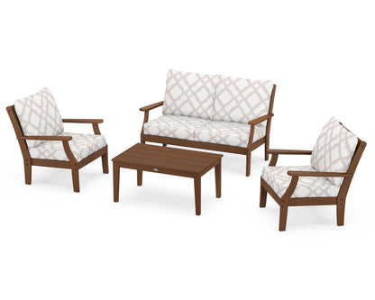 POLYWOOD® Braxton 4-Piece Deep Seating Chair Set in Teak / Trellis Dune Burlap