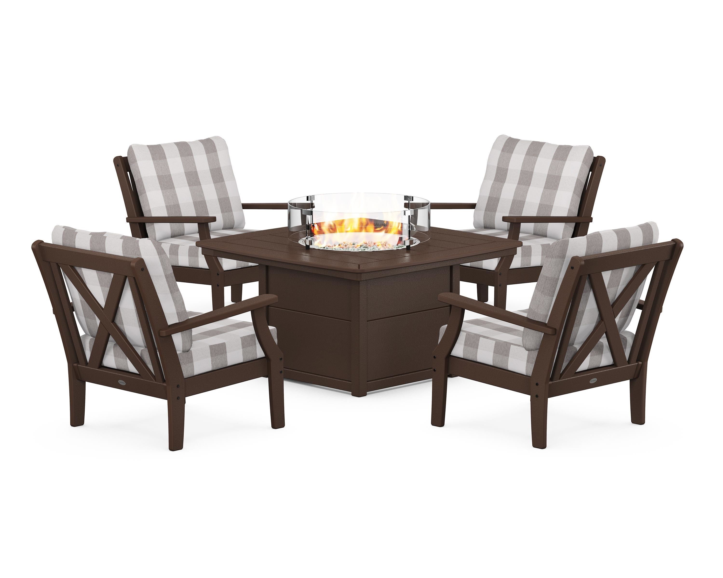 POLYWOOD® Braxton 5-Piece Deep Seating Conversation Set with Fire Pit Table in Mahogany / Buffalo Plaid Grey Mist