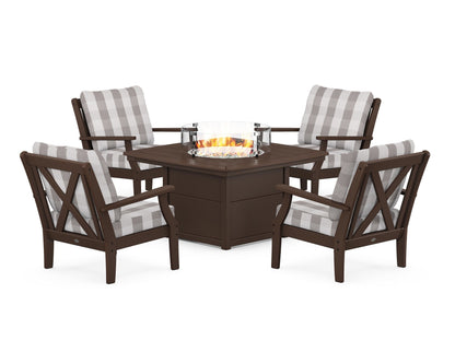 POLYWOOD® Braxton 5-Piece Deep Seating Conversation Set with Fire Pit Table in Mahogany / Buffalo Plaid Grey Mist