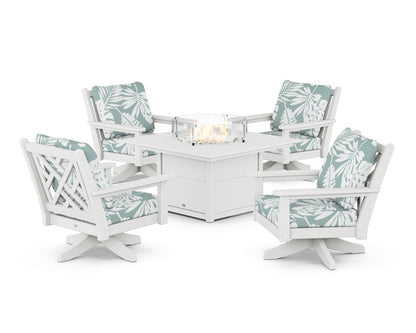POLYWOOD® Chippendale 5-Piece Deep Seating Swivel Conversation Set with Fire Pit Table in White / Leaf Glacier Spa