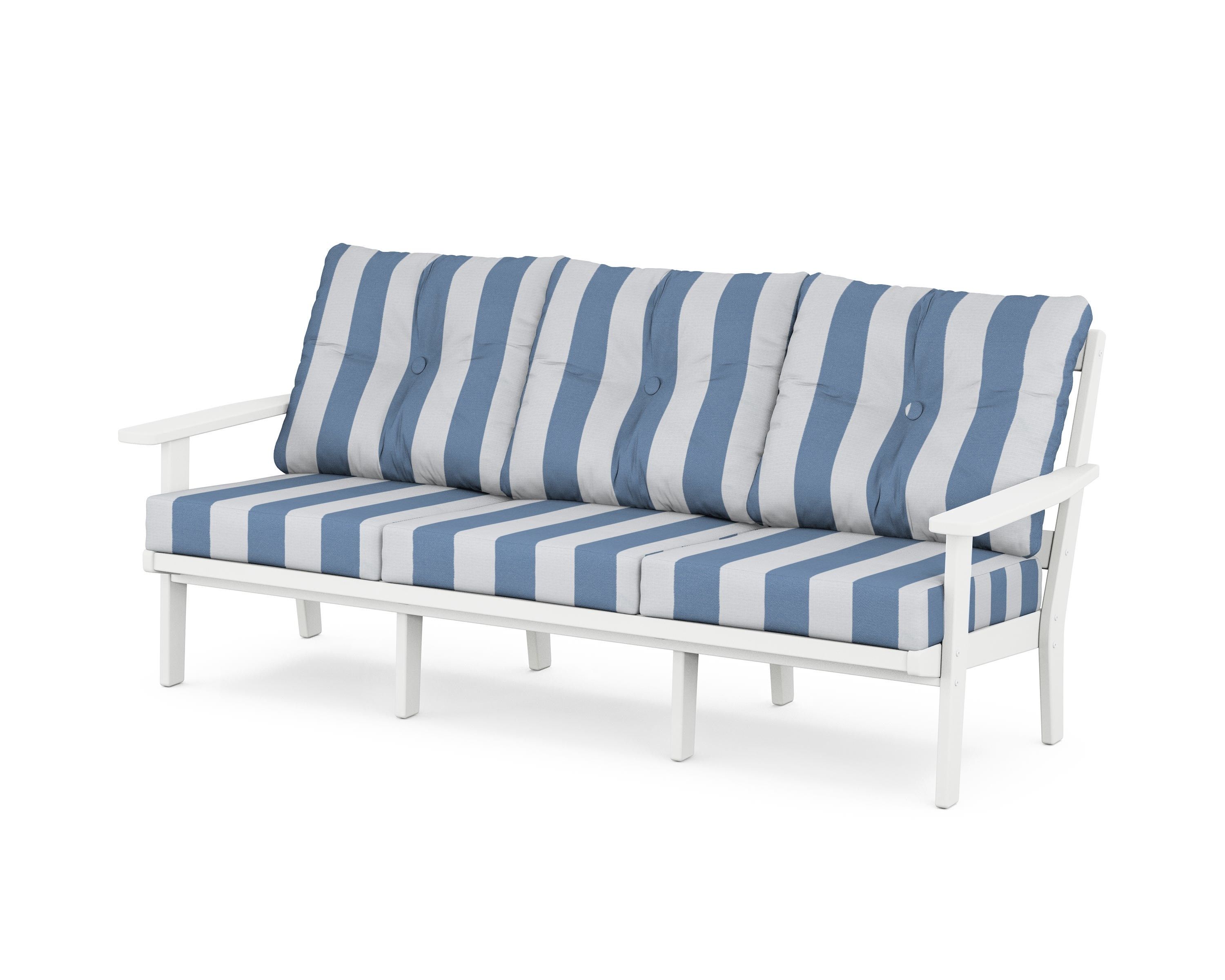 POLYWOOD® Prairie Deep Seating Sofa in White / Cabana Stripe Sky Blue