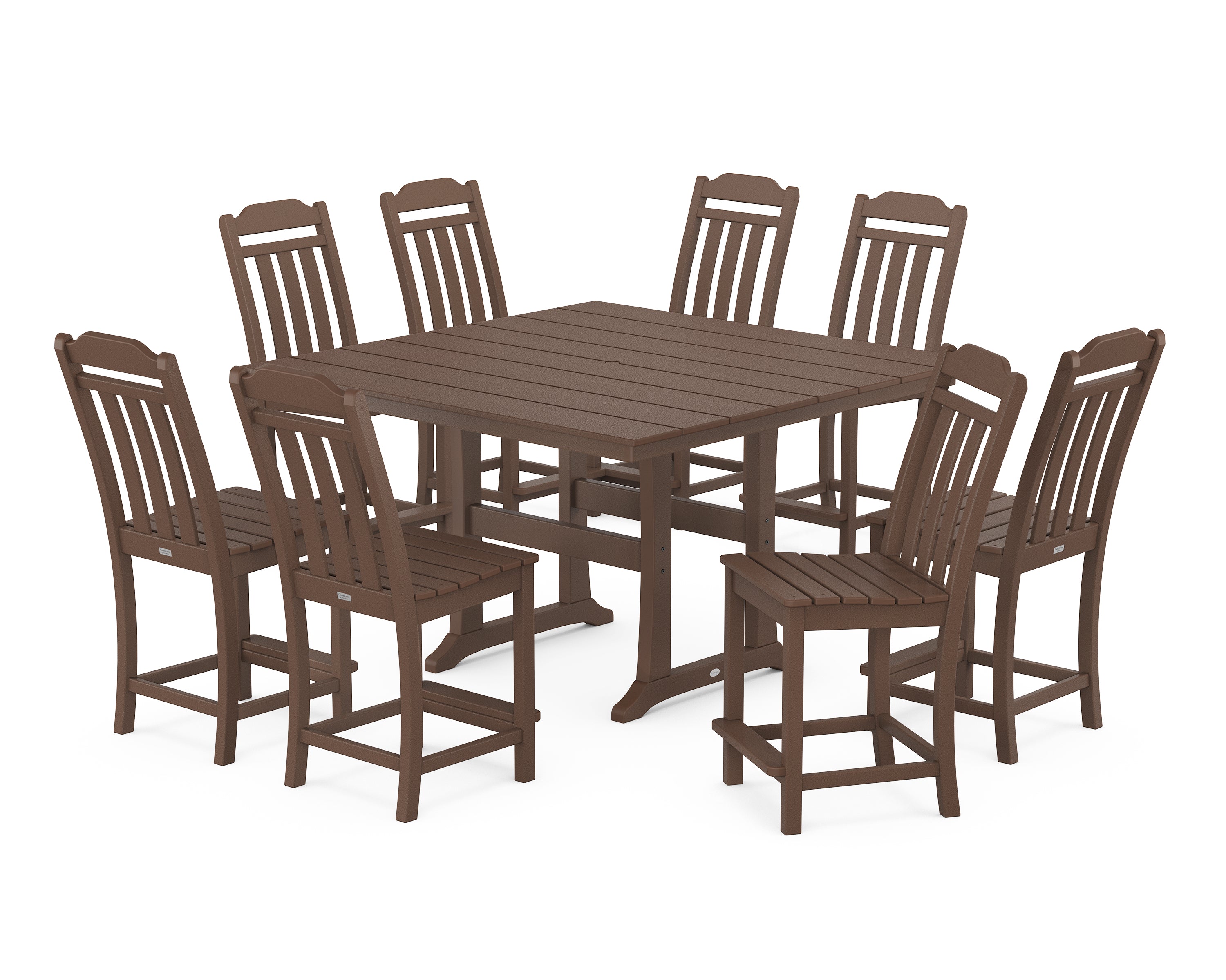 Country Living Cottage 9-Piece Square Farmhouse Side Chair Counter Set with Trestle Legs in Mahogany
