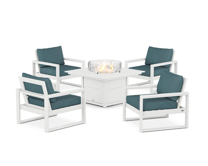 POLYWOOD® EDGE Sectional 5-Piece Deep Seating Set with Fire Pit Table in White / Ocean Teal