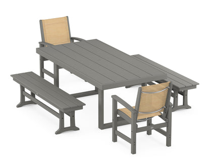 POLYWOOD® Coastal 5-Piece Dining Set with Trestle Legs in Slate Grey / Dupioni Apricot Sling