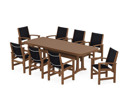 POLYWOOD® Coastal 9-Piece Dining Set with Trestle Legs in Teak / Black Sling