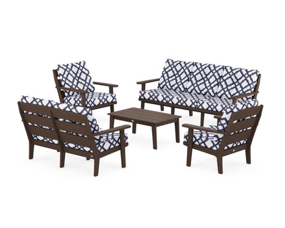 POLYWOOD® Lakeside 5-Piece Lounge Sofa Set in Mahogany / Trellis Navy