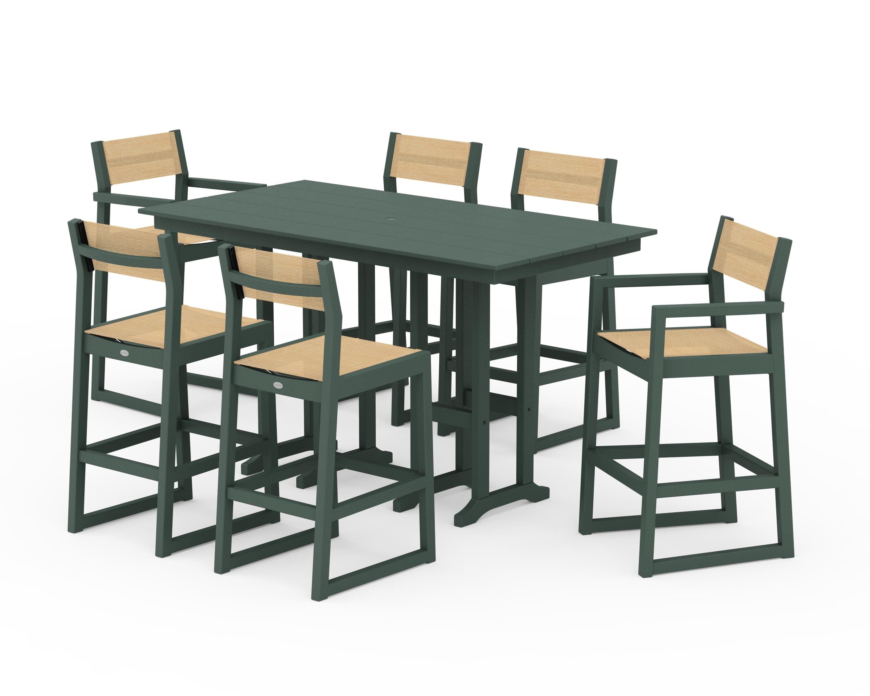 POLYWOOD® EDGE Sling 7-Piece Farmhouse Bar Set in Green / Dupioni Apricot Sling
