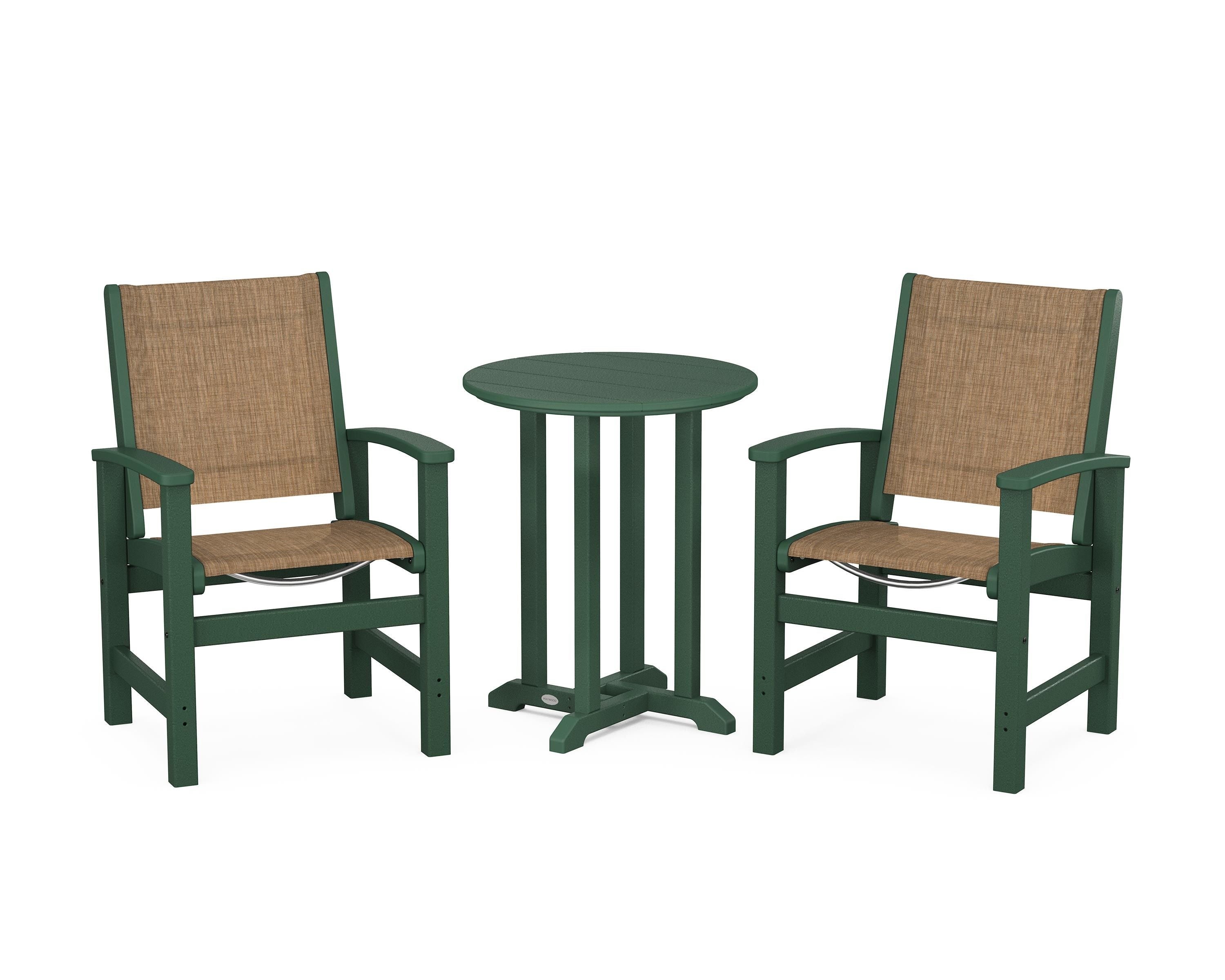 POLYWOOD® Coastal 3-Piece Round Bistro Dining Set in Green / Burlap Sling