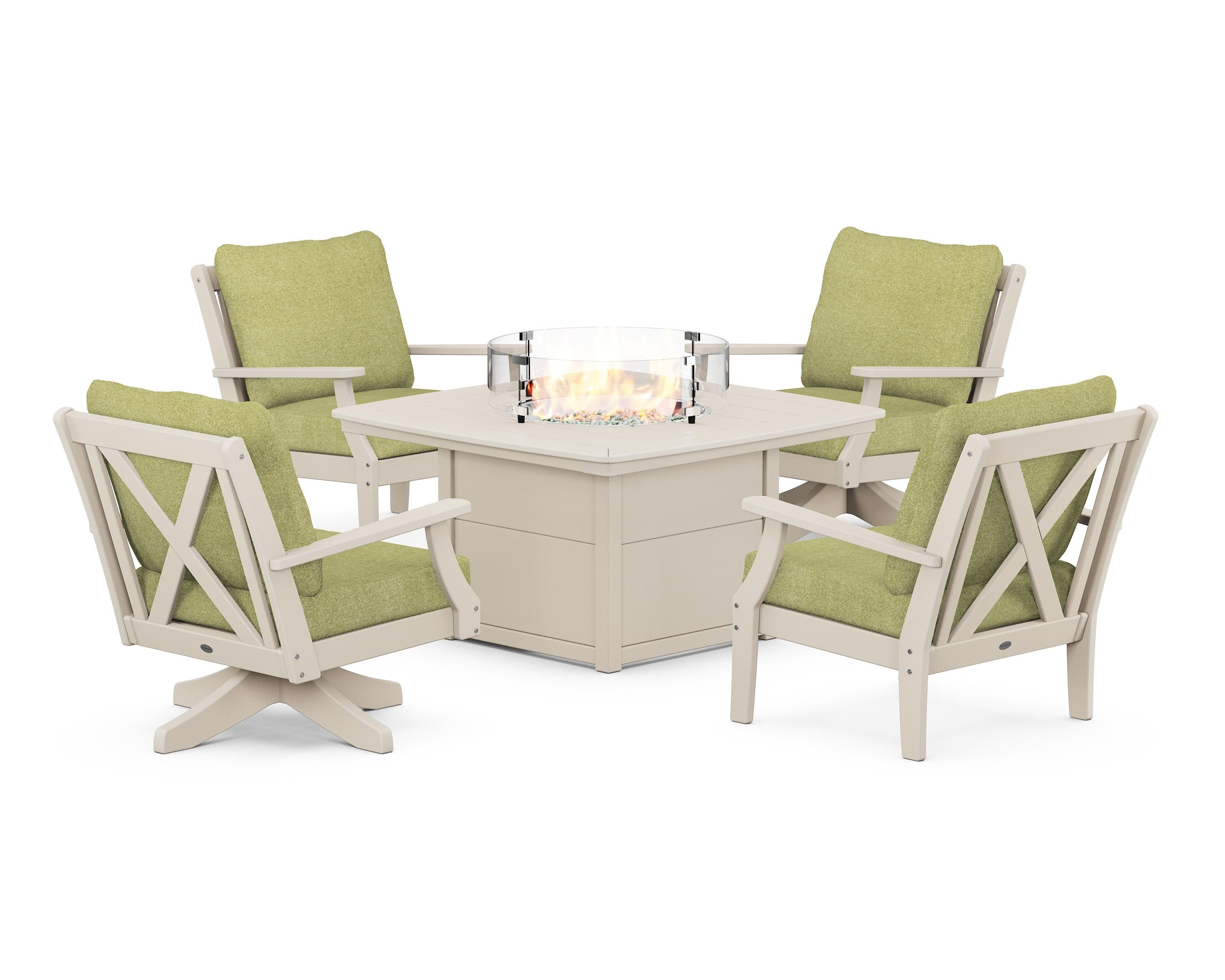 POLYWOOD® Braxton 5-Piece Deep Seating Set with Fire Table in Sand / Chartreuse Boucle