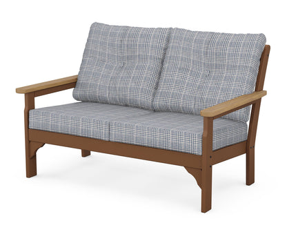 POLYWOOD® Vineyard Deep Seating Loveseat in Teak / Natural / Houndstooth Sky Blue