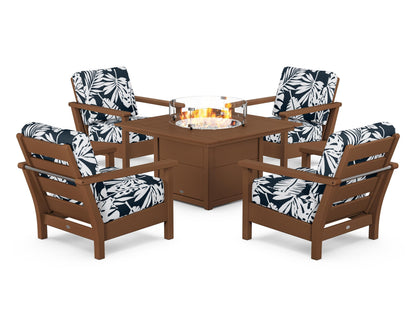 POLYWOOD® Harbour 5-Piece Conversation Set with Fire Pit Table in Teak / Leaf Marine Indigo