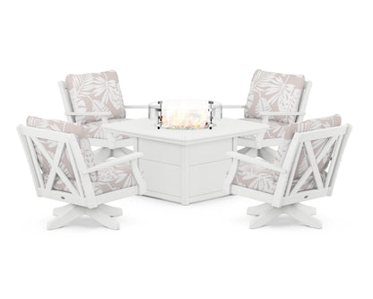 POLYWOOD® Braxton 5-Piece Deep Seating Swivel Conversation Set with Fire Pit Table in White / Leaf Dune Burlap