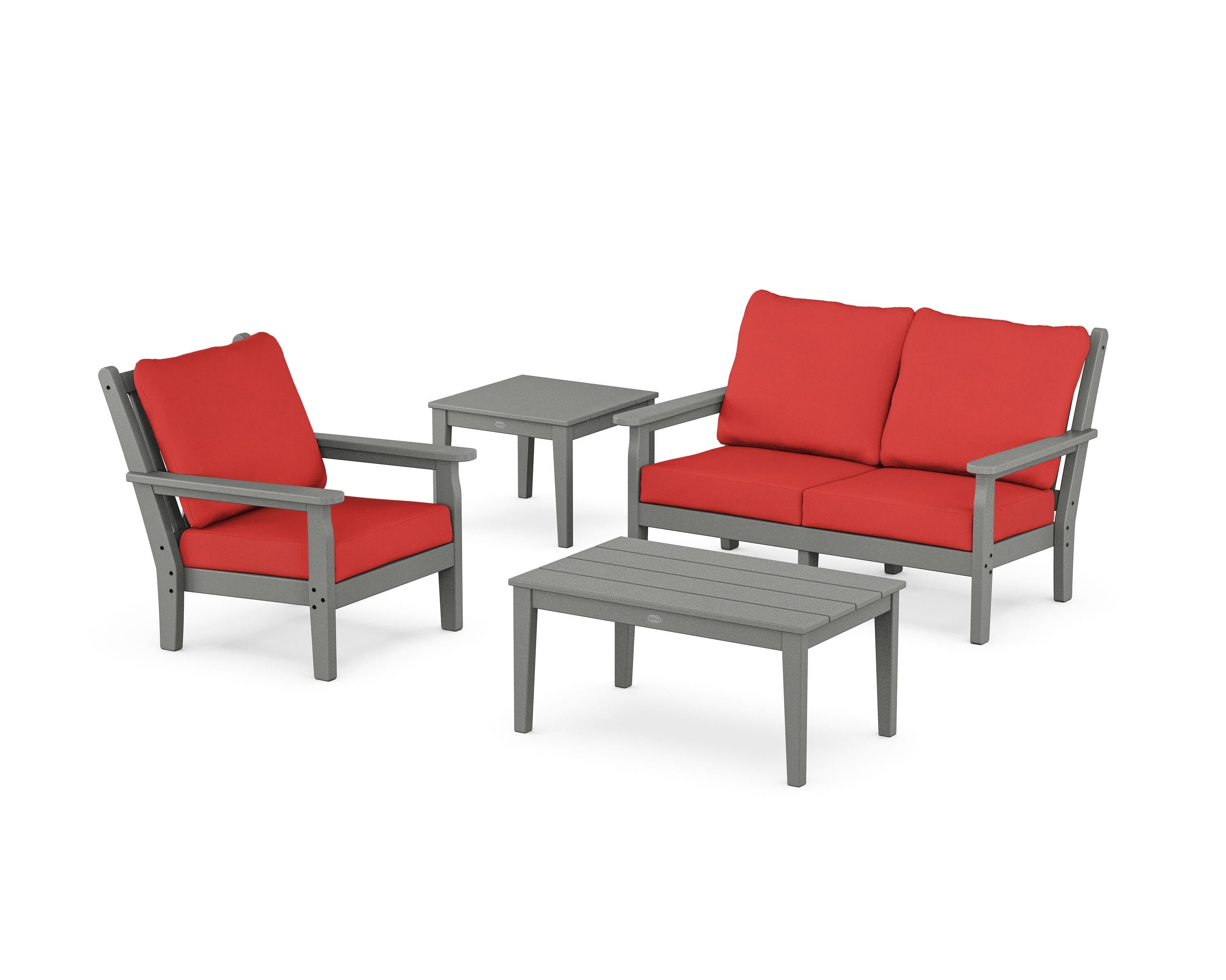 POLYWOOD® Chippendale 4-Piece Deep Seating Set in Slate Grey / Crimson Linen