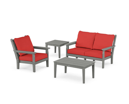 POLYWOOD® Chippendale 4-Piece Deep Seating Set in Slate Grey / Crimson Linen