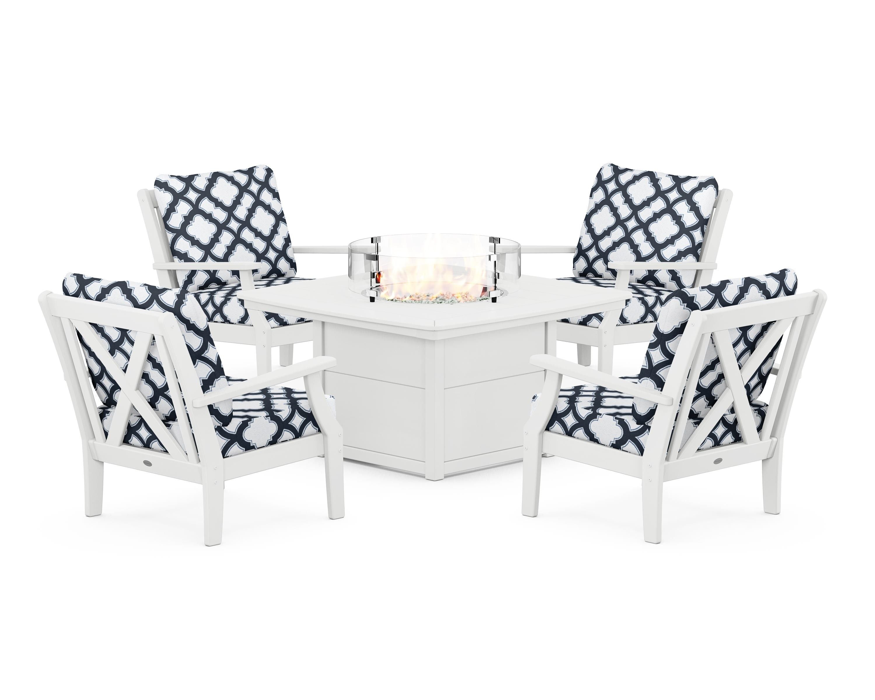 POLYWOOD® Braxton 5-Piece Deep Seating Conversation Set with Fire Pit Table in White / Trellis Marine Indigo