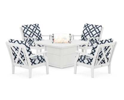 POLYWOOD® Braxton 5-Piece Deep Seating Conversation Set with Fire Pit Table in White / Trellis Marine Indigo