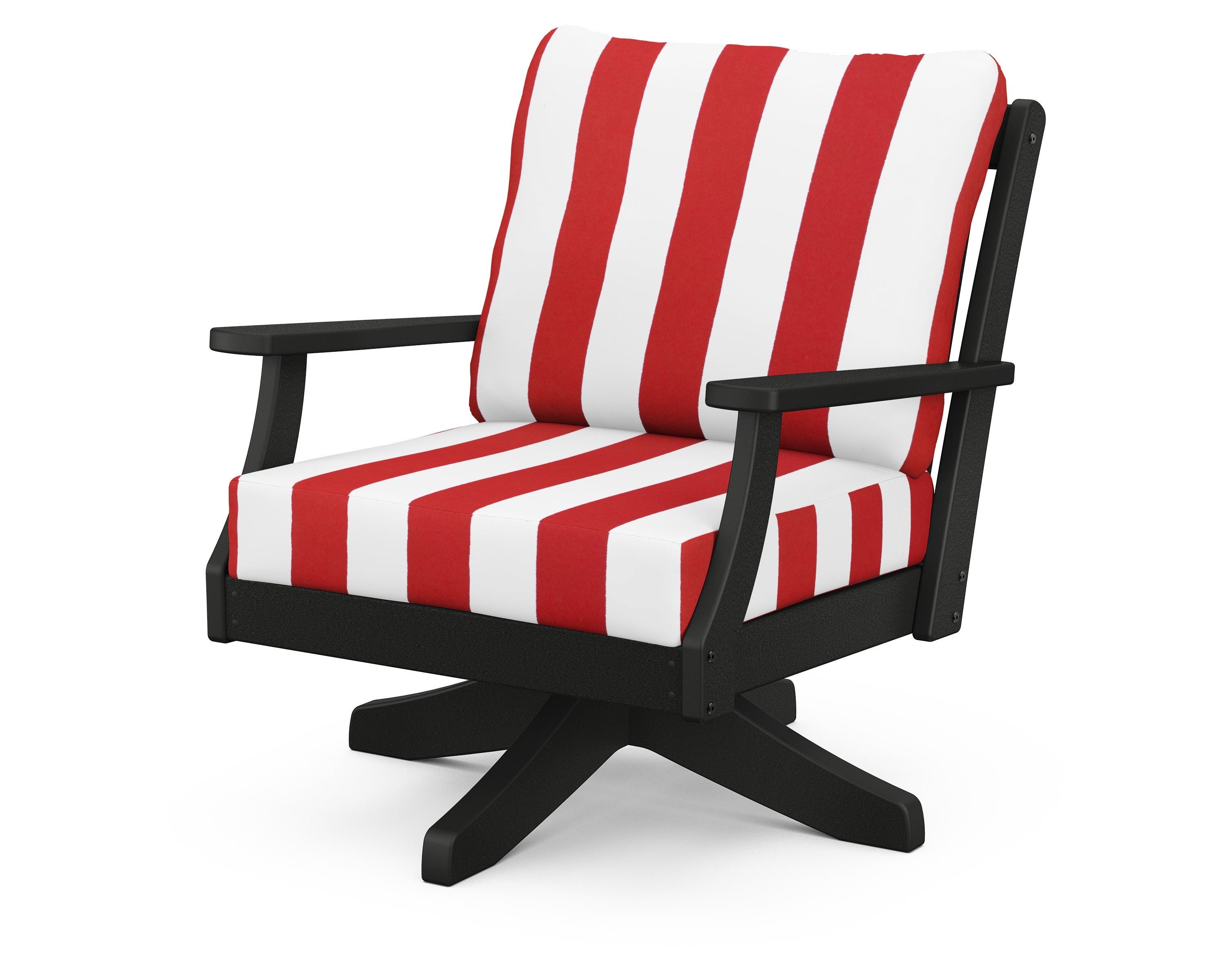 POLYWOOD® Braxton Deep Seating Swivel Chair in Black / Cabana Stripe Crimson