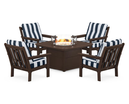 POLYWOOD® Vineyard 5-Piece Conversation Set with Fire Pit Table in Mahogany / Cabana Stripe Marine Indigo