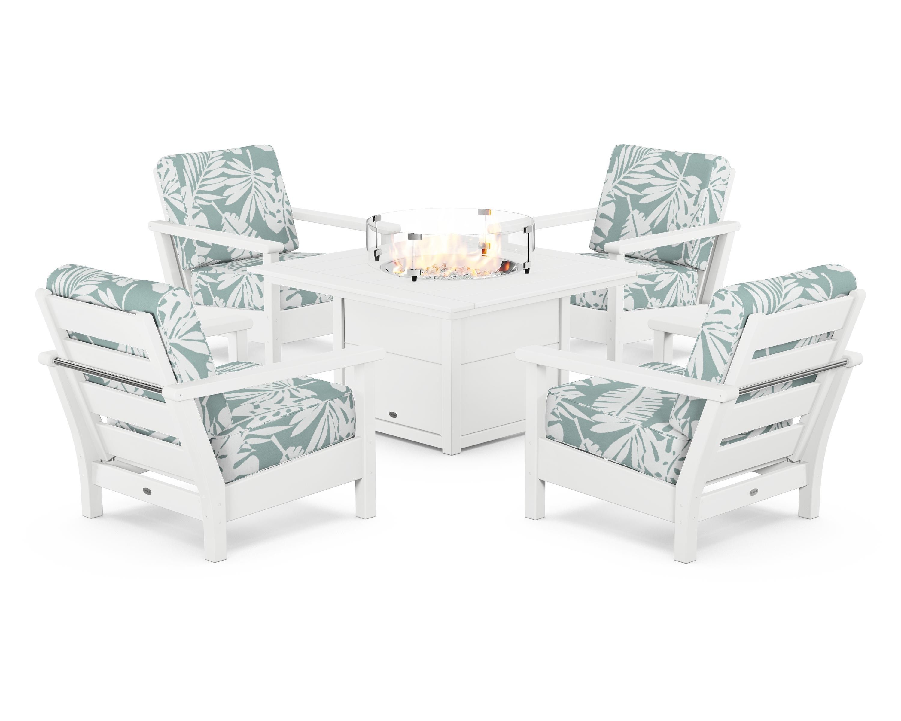 POLYWOOD® Harbour 5-Piece Conversation Set with Fire Pit Table in White / Leaf Glacier Spa