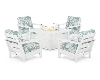 POLYWOOD® Harbour 5-Piece Conversation Set with Fire Pit Table in White / Leaf Glacier Spa