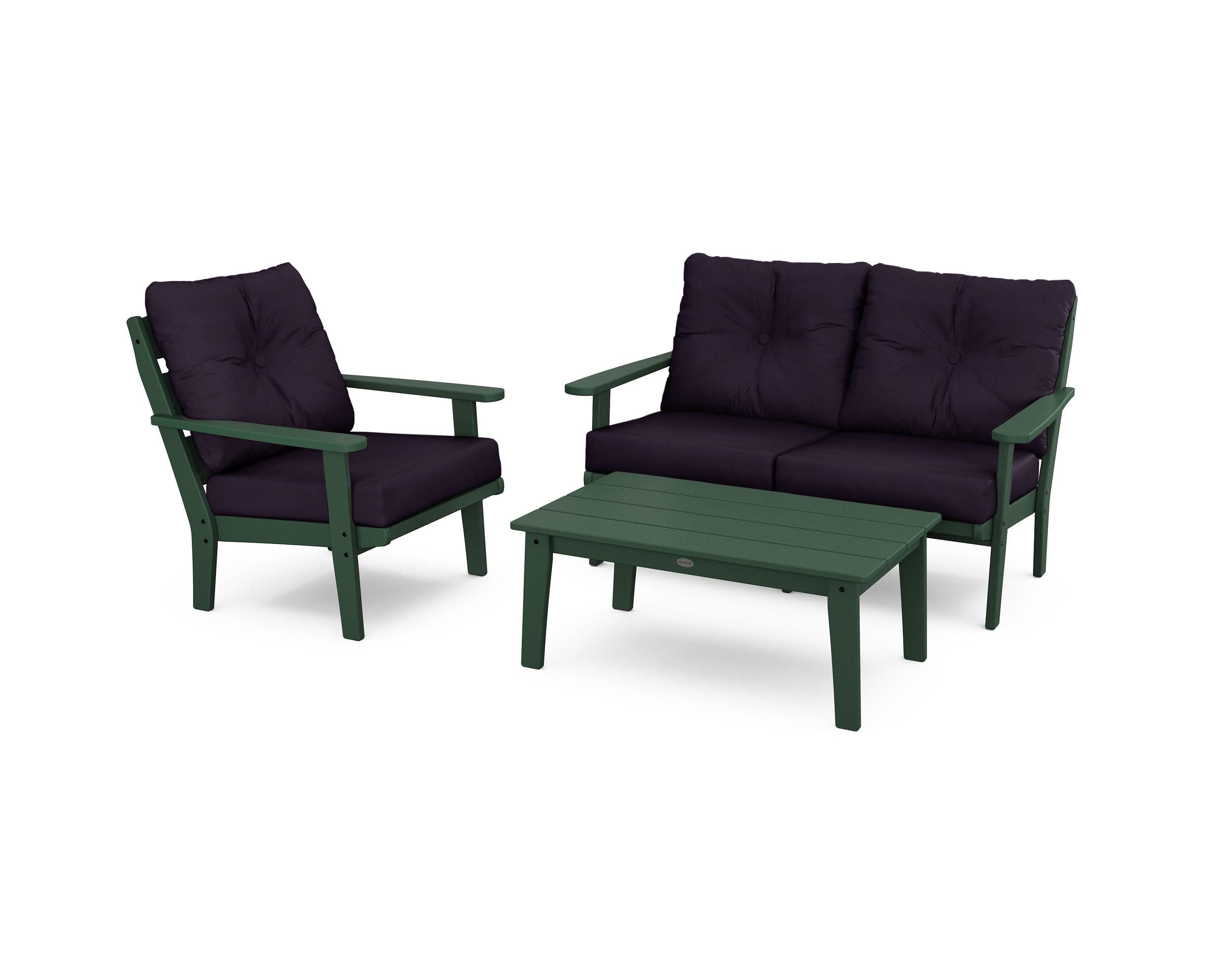 POLYWOOD® Lakeside 3-Piece Deep Seating Set in Green / Navy Linen