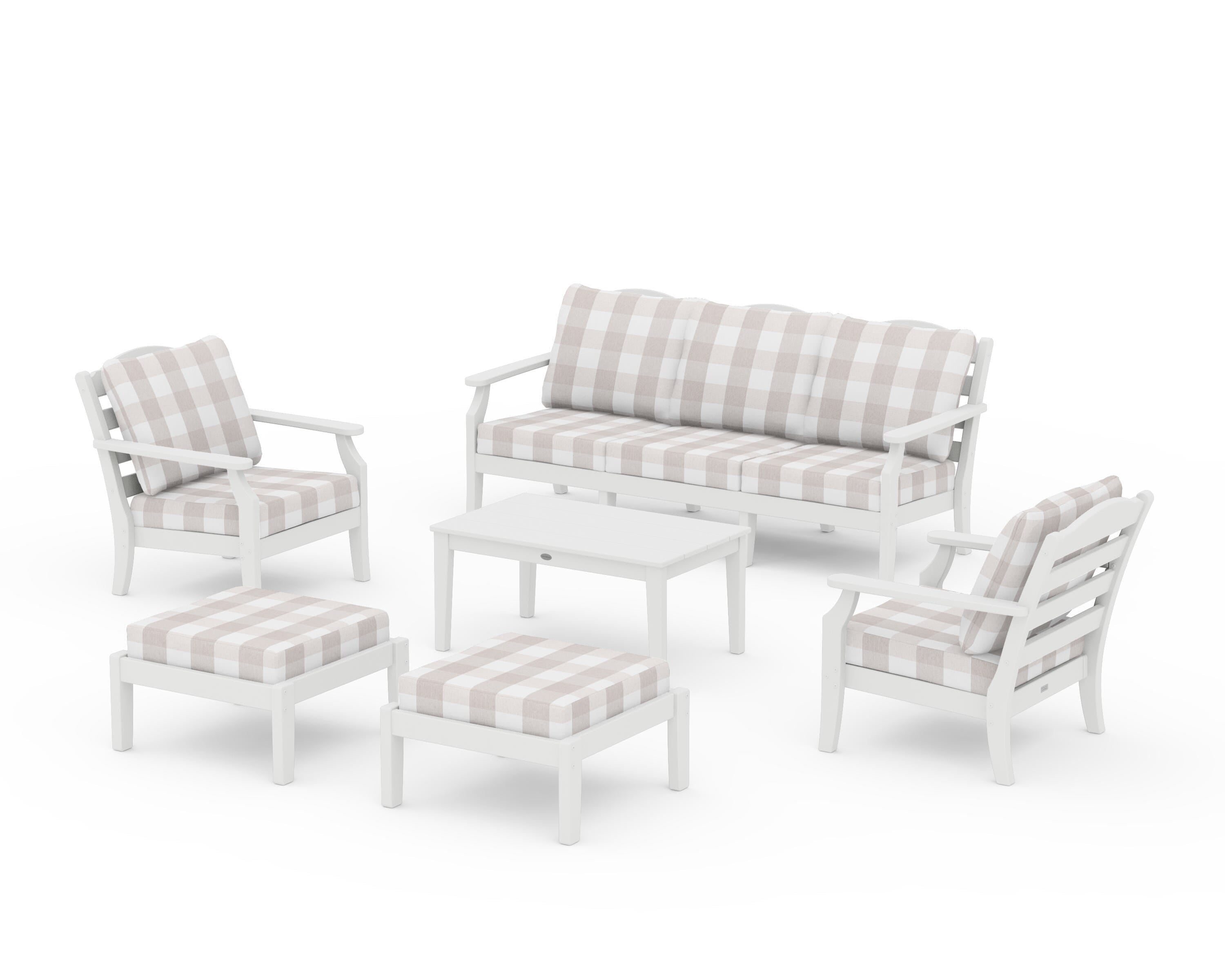 Draper James™ by  POLYWOOD® Savannah 6-Piece Lounge Sofa Set in White / Buffalo Plaid Dune Burlap