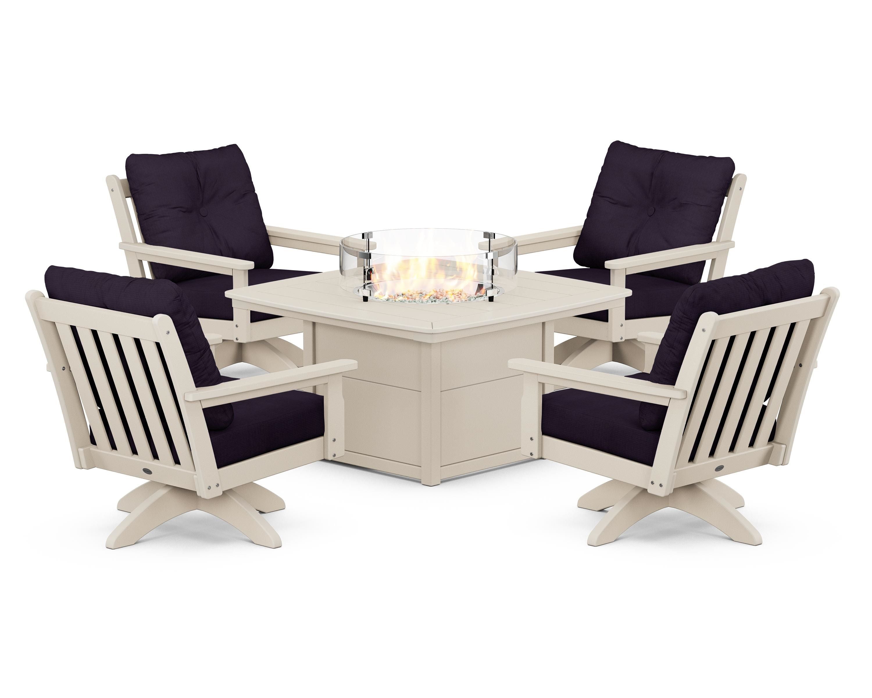 POLYWOOD® Vineyard 5-Piece Deep Seating Swivel Conversation Set with Fire Pit Table in Sand / Navy Linen