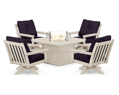 POLYWOOD® Vineyard 5-Piece Deep Seating Swivel Conversation Set with Fire Pit Table in Sand / Navy Linen