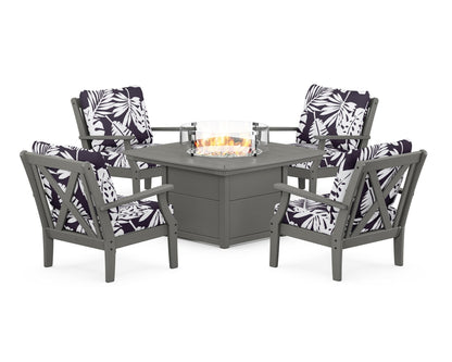 POLYWOOD® Braxton 5-Piece Deep Seating Conversation Set with Fire Pit Table in Slate Grey / Leaf Navy