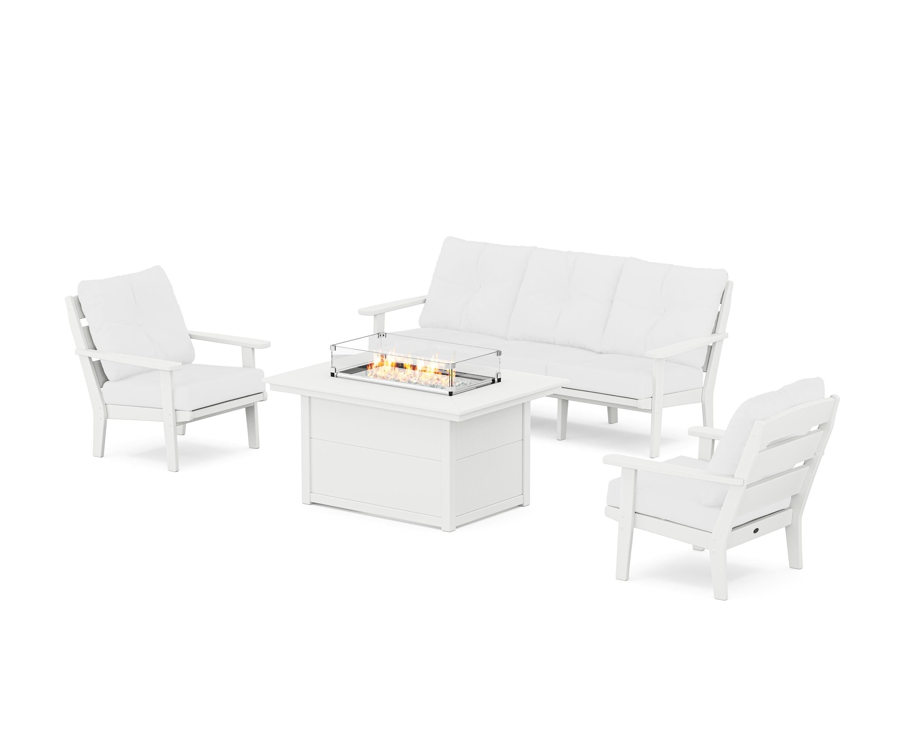 POLYWOOD® Lakeside Deep Seating Fire Pit Table Set in White / Natural