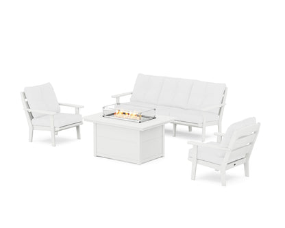 POLYWOOD® Lakeside Deep Seating Fire Pit Table Set in White / Natural