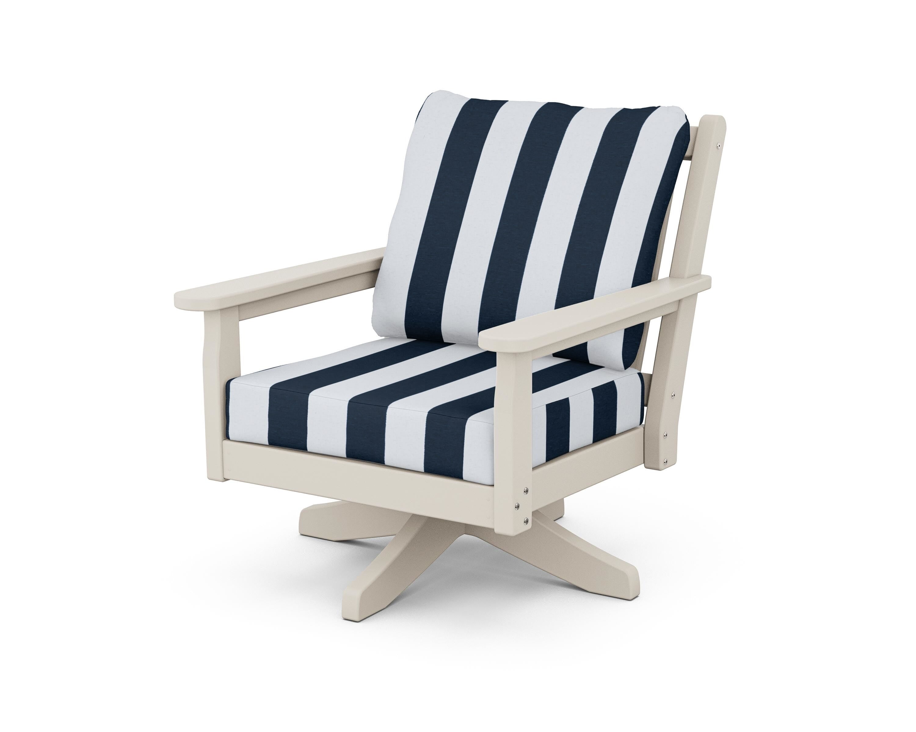 POLYWOOD® Chippendale Deep Seating Swivel Chair in Sand / Cabana Stripe Marine Indigo