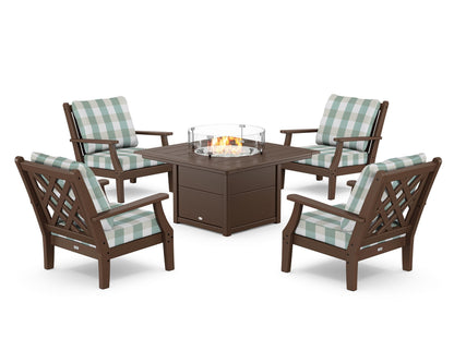 Country Living Wovendale 5-Piece Deep Seating Set with Fire Pit Table in Mahogany / Buffalo Plaid Glacier Spa