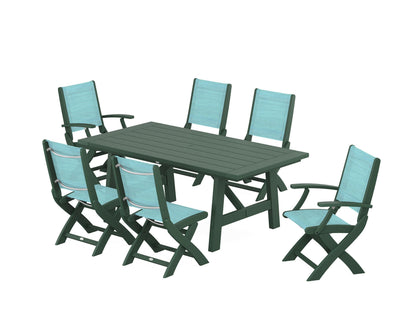 POLYWOOD® Coastal Folding Chair 7-Piece Rustic Farmhouse Dining Set in Green / Dupioni Aquamarine Sling