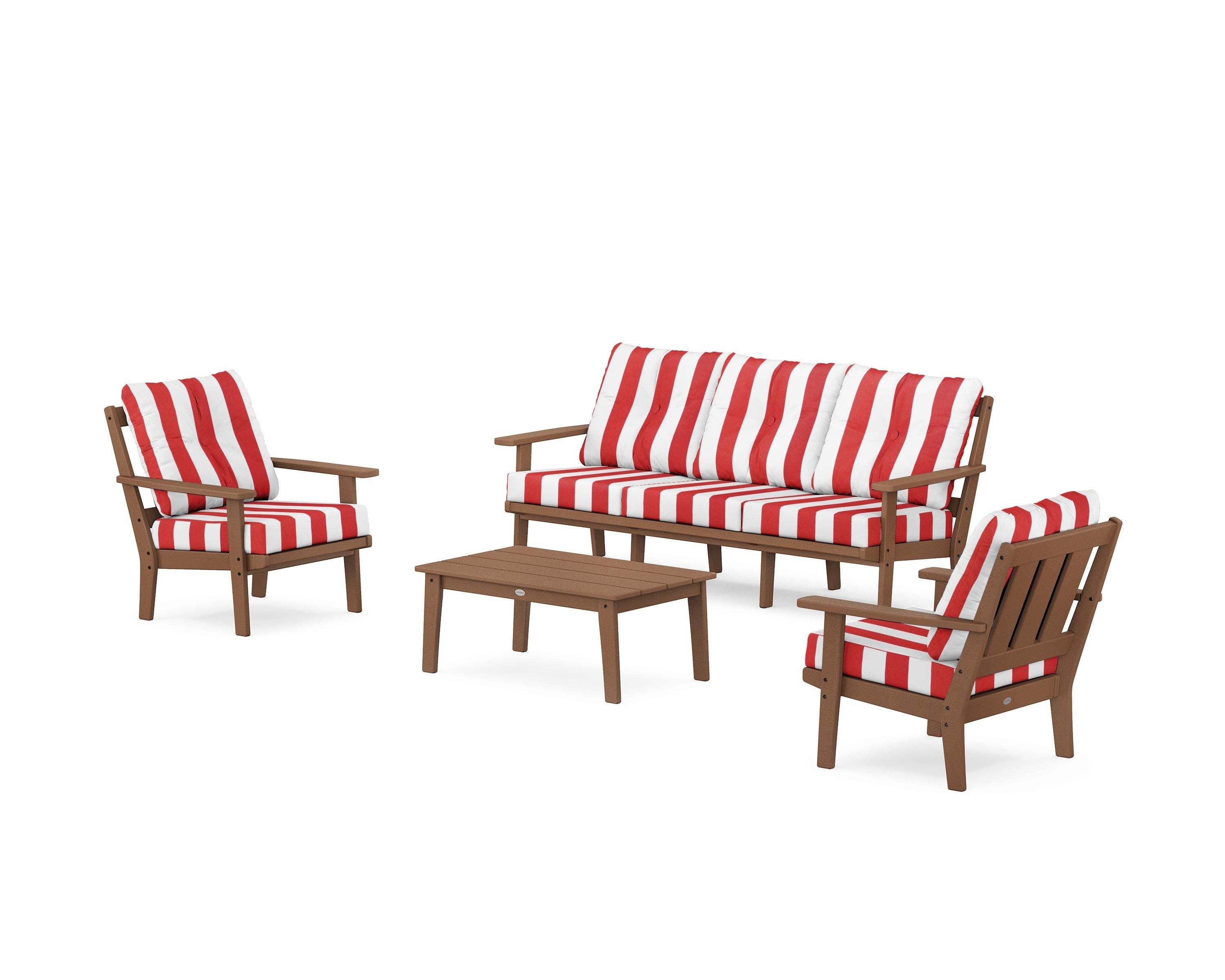 POLYWOOD® Oxford 4-Piece Deep Seating Set with Sofa in Teak / Cabana Stripe Crimson