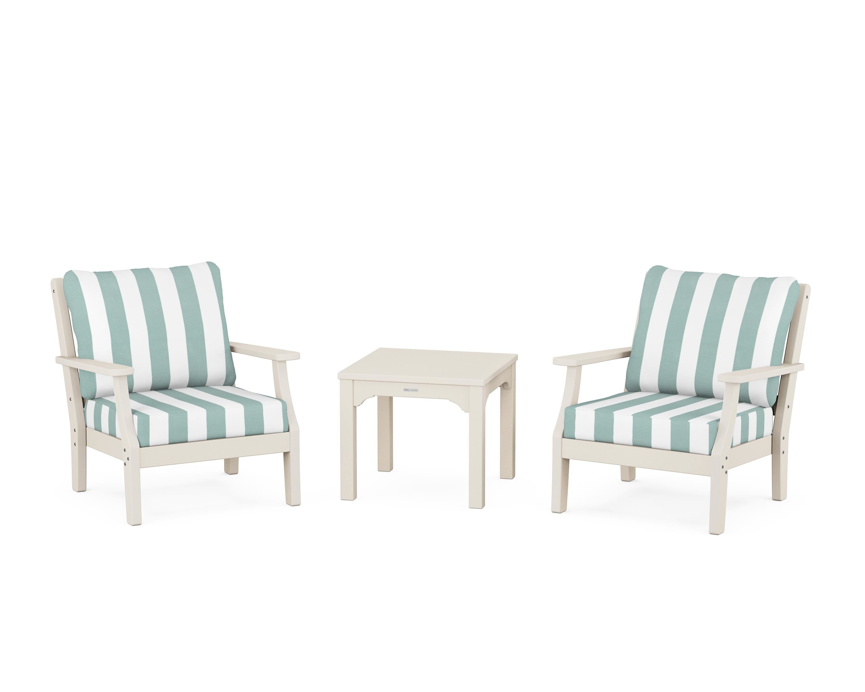 Martha Stewart by POLYWOOD® Chinoiserie 3-Piece Deep Seating Set in Sand / Cabana Stripe Glacier Spa