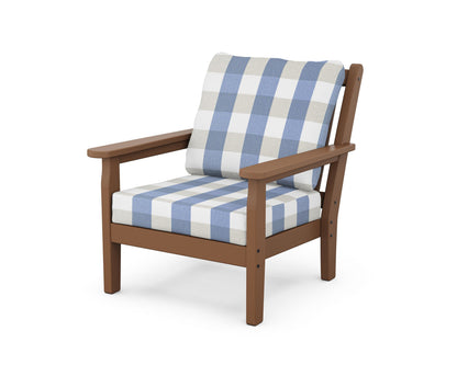 POLYWOOD® Chippendale Deep Seating Chair in Teak / Buffalo Plaid Sky Blue
