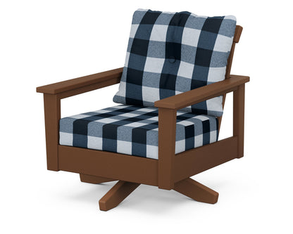POLYWOOD® Prescott Deep Seating Swivel Chair in Teak / Buffalo Plaid Marine Indigo