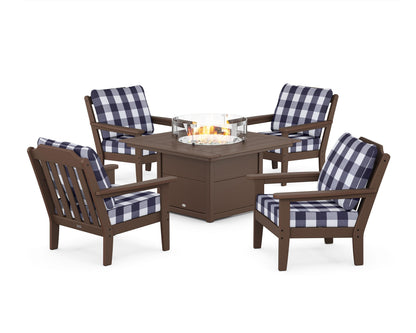 Country Living Cottage 5-Piece Deep Seating Set with Fire Pit Table in Mahogany / Buffalo Plaid Navy