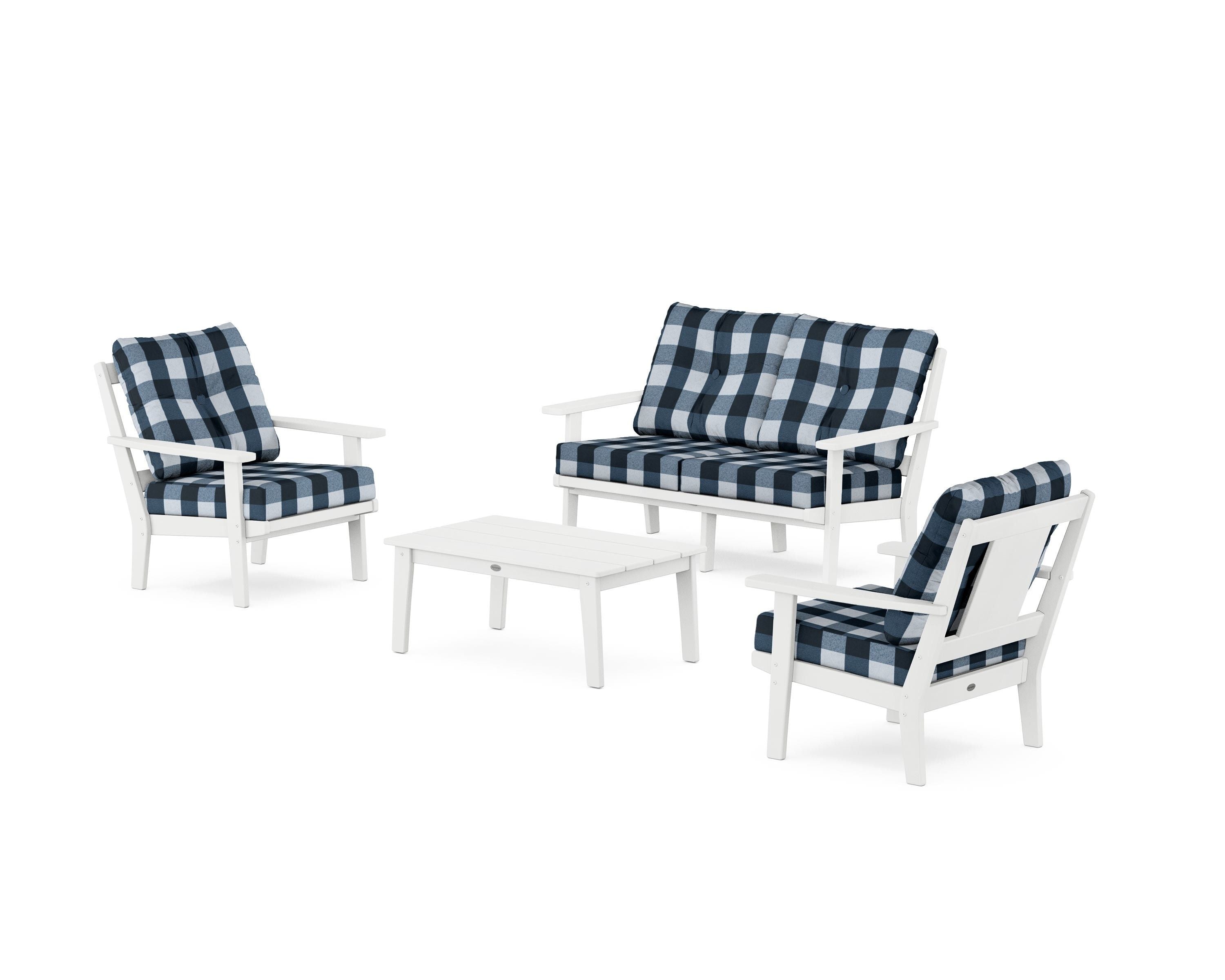 POLYWOOD® Prairie 4-Piece Deep Seating Set with Loveseat in White / Buffalo Plaid Marine Indigo