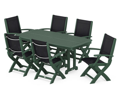 POLYWOOD® Coastal Folding Arm Chair 7-Piece Dining Set in Green / Black Sling