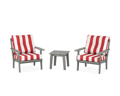 POLYWOOD® Prairie 3-Piece Deep Seating Set in Slate Grey / Cabana Stripe Crimson