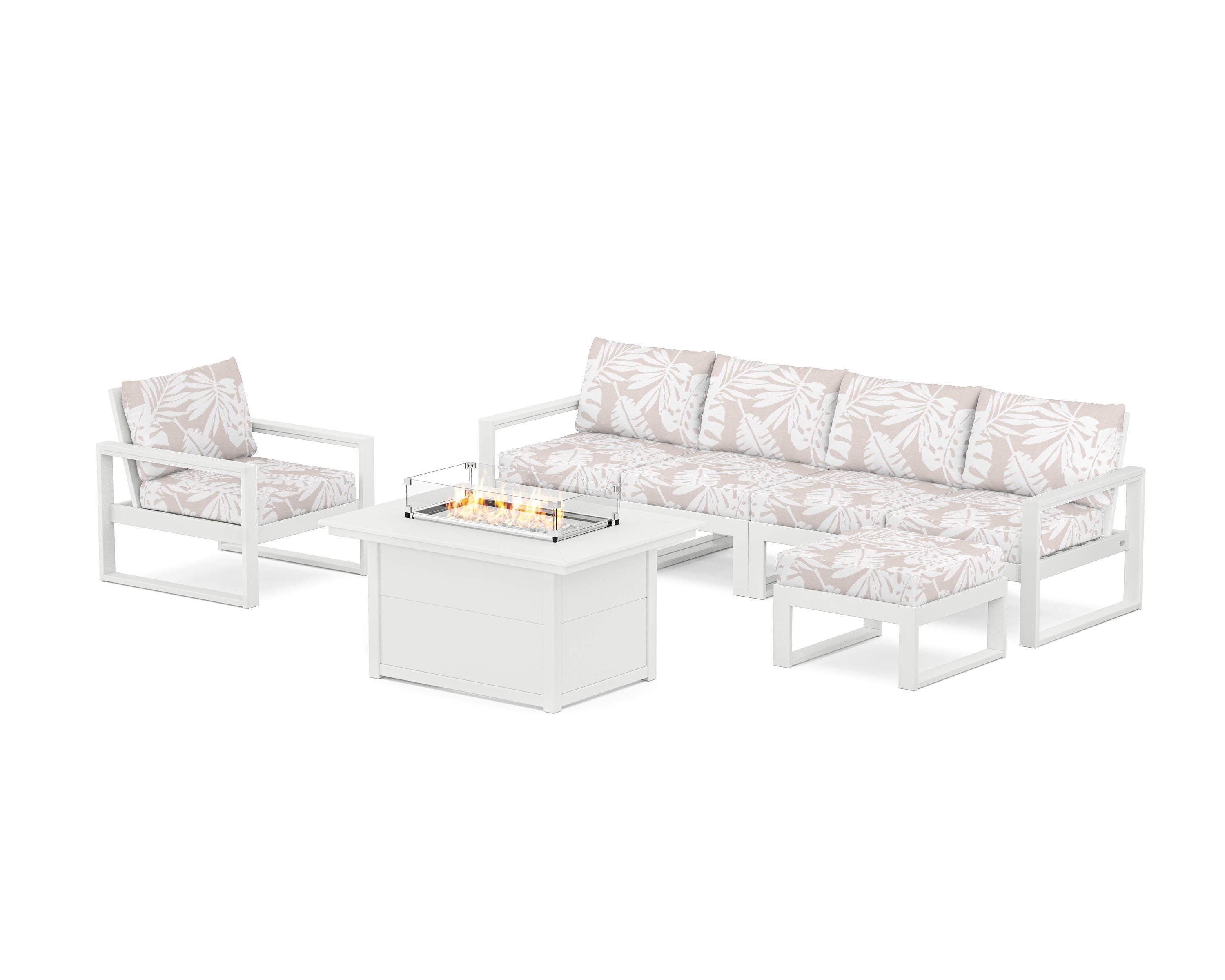 POLYWOOD® EDGE Sectional Lounge and Fire Pit Set in White / Leaf Dune Burlap