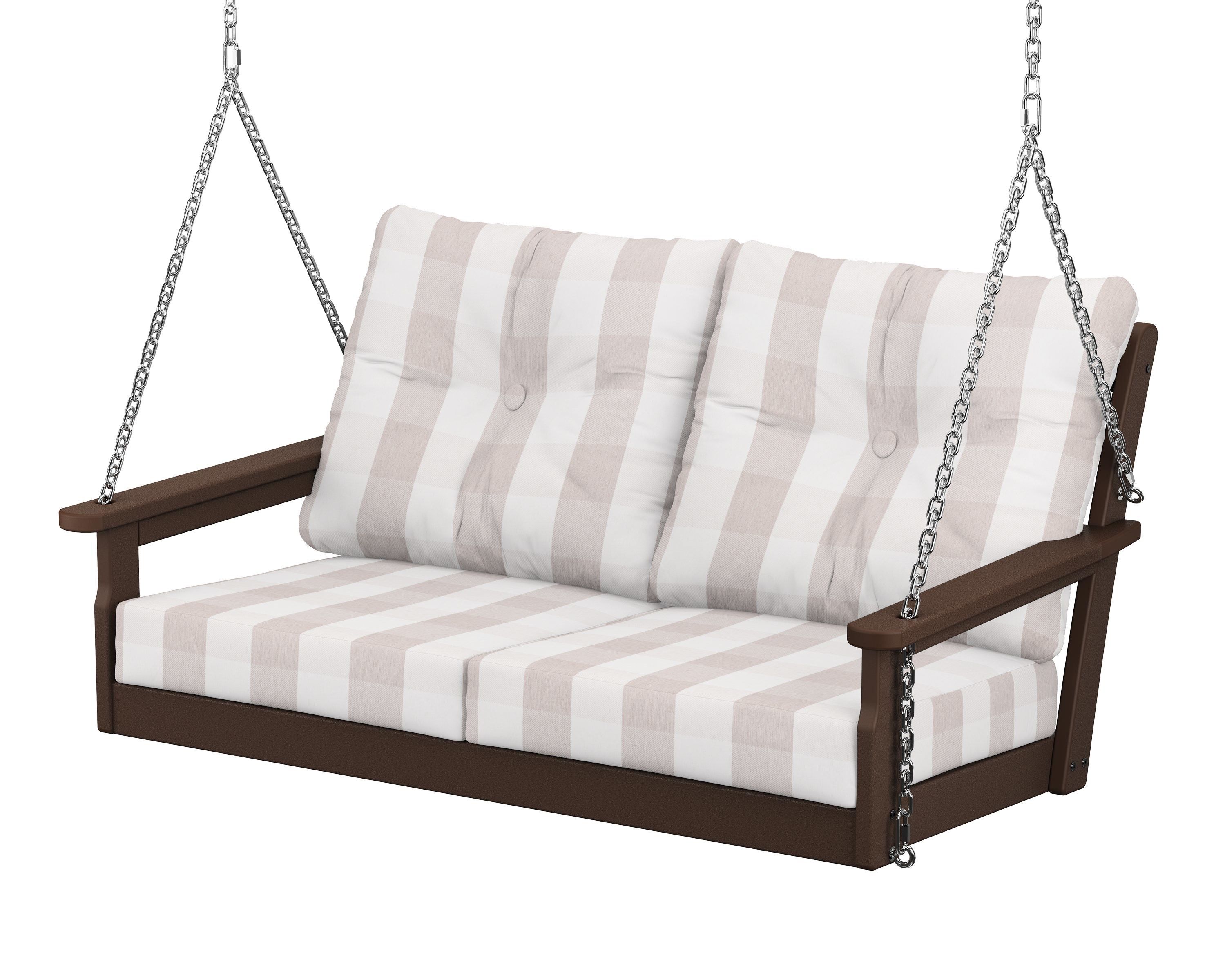 POLYWOOD® Vineyard Deep Seating Swing in Mahogany / Buffalo Plaid Dune Burlap