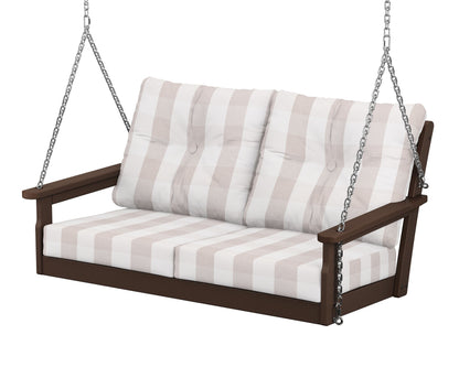 POLYWOOD® Vineyard Deep Seating Swing in Mahogany / Buffalo Plaid Dune Burlap