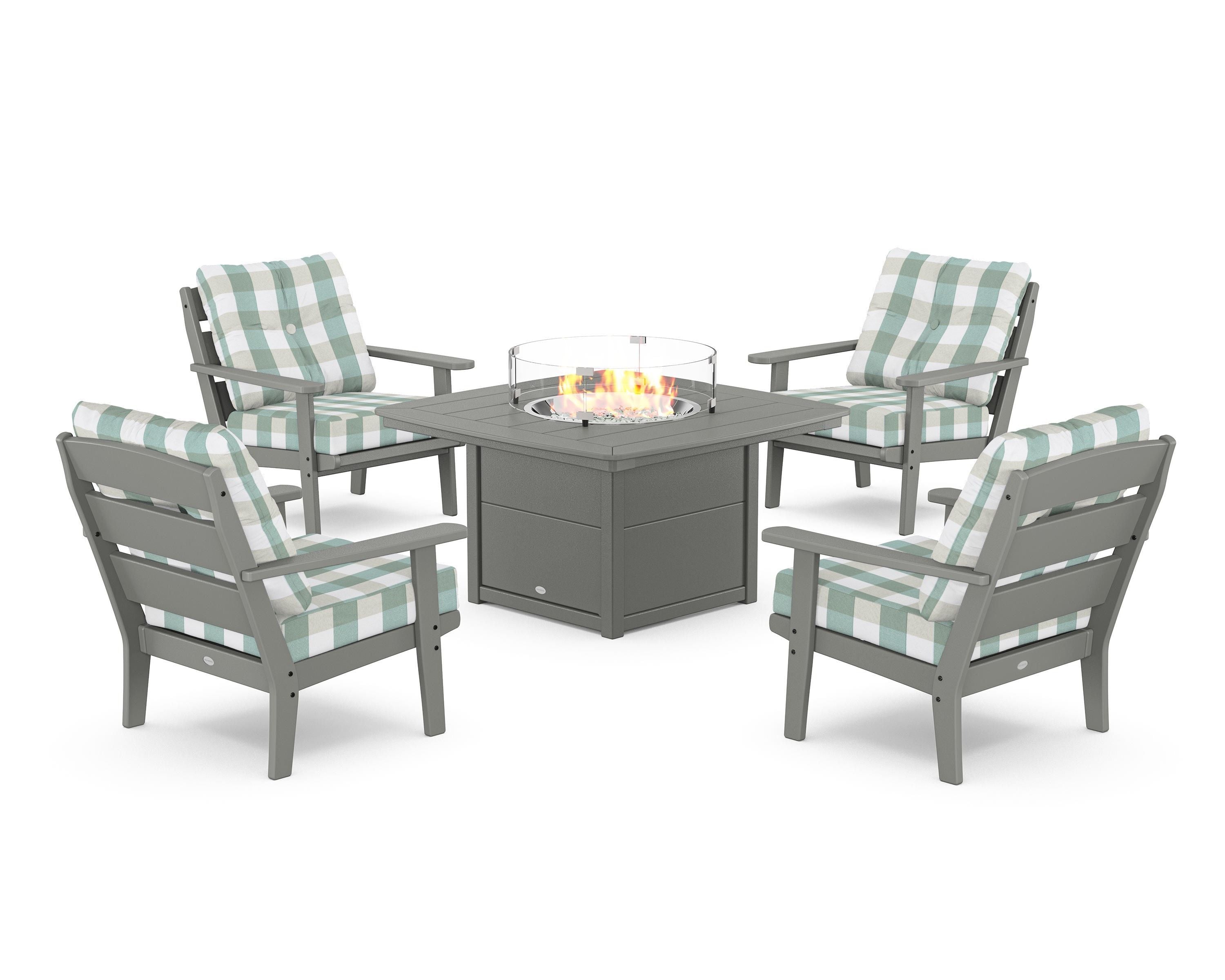POLYWOOD® Lakeside 5-Piece Deep Seating Set with Nautical Fire Pit Table in Slate Grey / Buffalo Plaid Glacier Spa