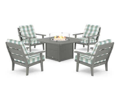 POLYWOOD® Lakeside 5-Piece Deep Seating Set with Nautical Fire Pit Table in Slate Grey / Buffalo Plaid Glacier Spa